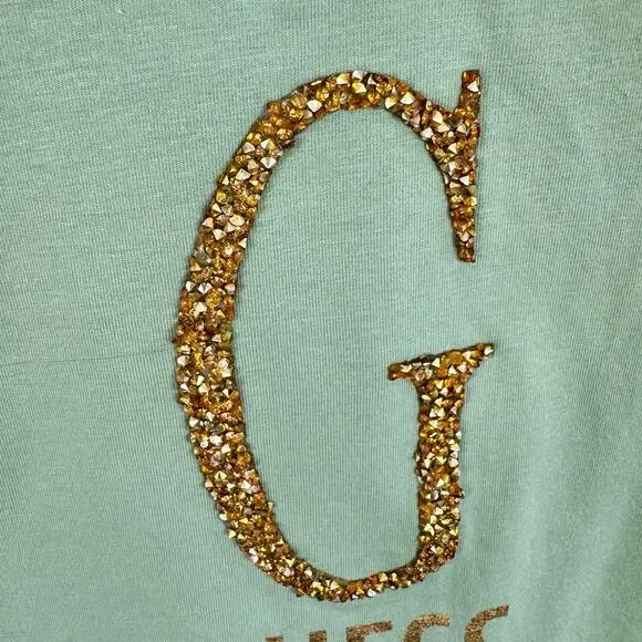 GUESS Green Gold Rhinestone "G" V-Neck Lightweight Tank Top Size L - Picture 3 of 5